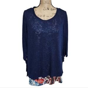 Avenue Floral Trimmed Slightly Sheer Ruched‎ Side Tunic Length Shirt SZ 14 16 XL